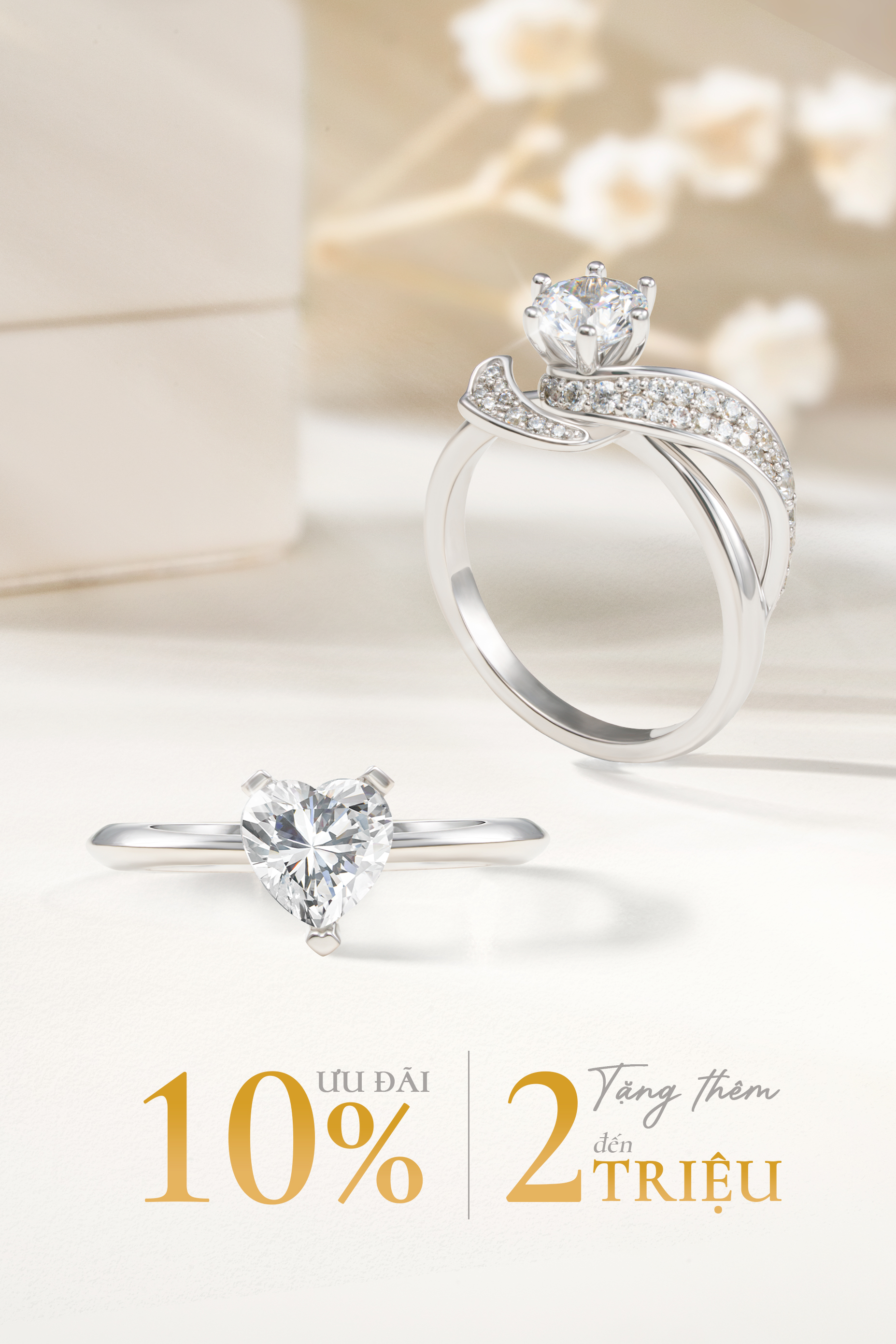 Giảm ngay 10% và tặng thêm đến 2 triệu đồng cho tất cả nhẫn cầu hôn - Sắm combo, thêm ưu đãi